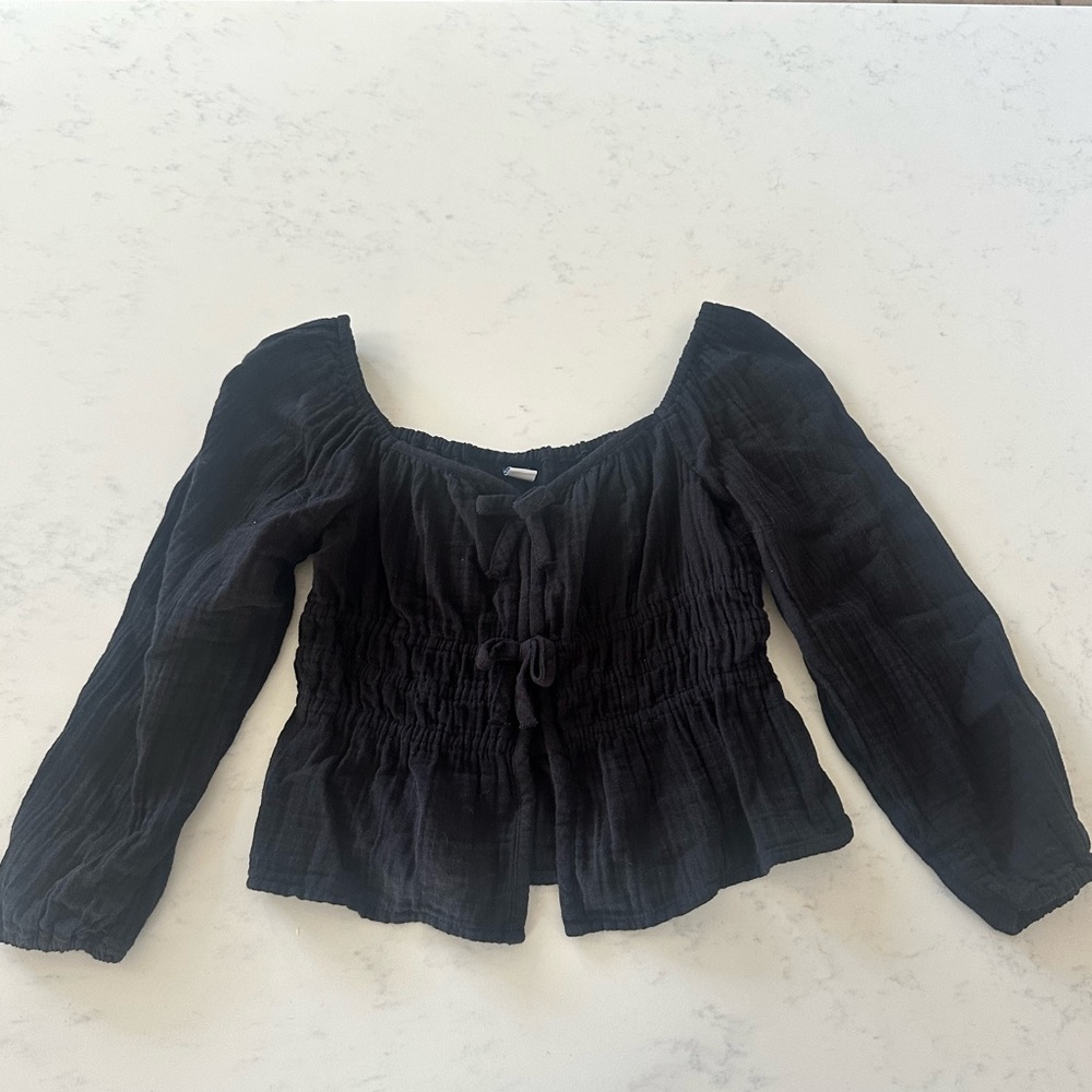 OLD NAVY Long sleeve double weave bow top blouse girl’s large L 10/12 black